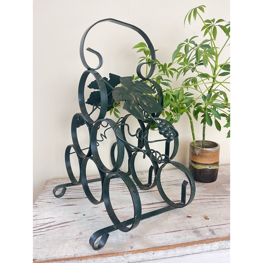 Vintage MCM Rustic Metal Ornate Grape Leaves 6 Wine Bottle Holder W/ Handle 14”